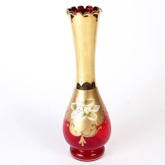 Vaso porta fiori in vetro rosso e oro liberty vasetto stretto deco italia con Vetri e Cristalli