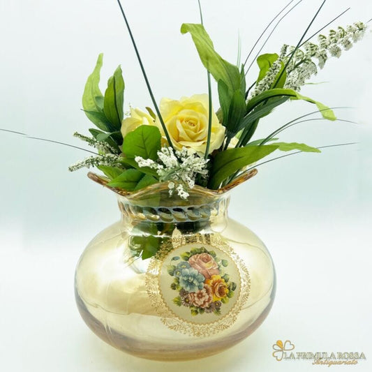 Vaso porta fiori in vetro vintage ambrato portafiori Bocca Larga decorato Vetri e Cristalli