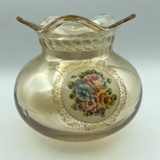 Vaso porta fiori in vetro vintage ambrato portafiori Bocca Larga decorato Vetri e Cristalli