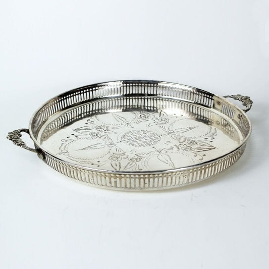 Vassoio in argento sheffield antico silver plated rotondo con manici da tavola Sheffield & Argento