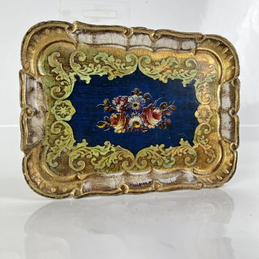 Vassoio in legno vintage arte fiorentina guantiera piatto da portata oro Blu Complementi d'arredo