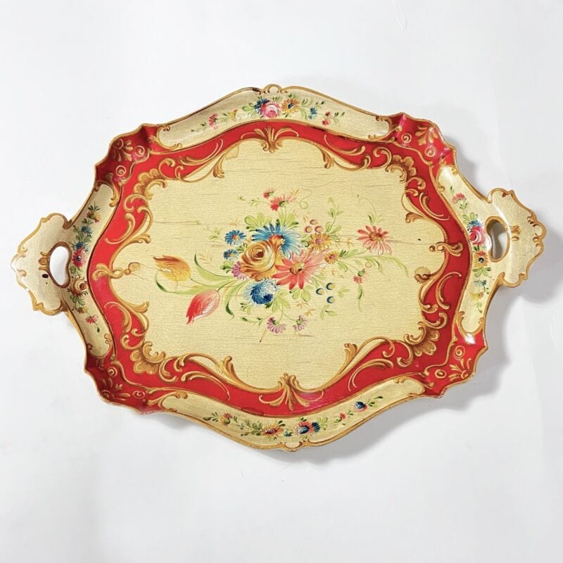 Vassoio in legno vintage veneziano guantiera piatto da portata dipinto a fiori Complementi d'arredo