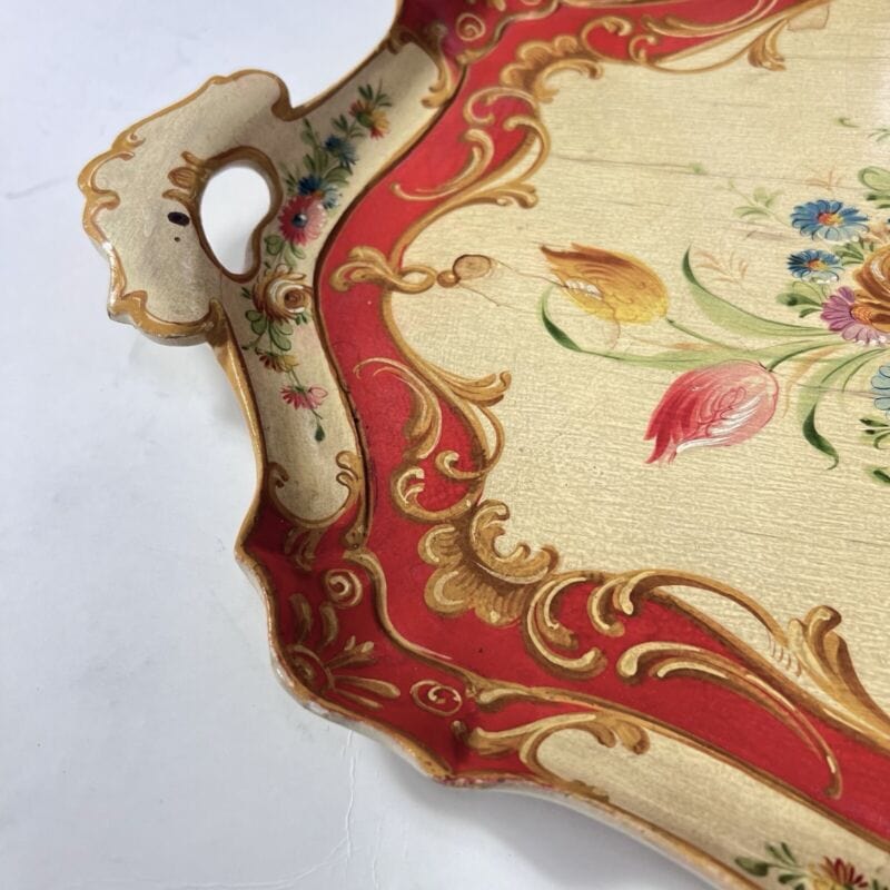 Vassoio in legno vintage veneziano guantiera piatto da portata dipinto a fiori Complementi d'arredo