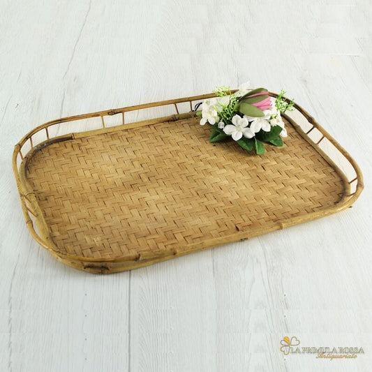 Vassoio in vimini vintage legno bambu bamboo guantiera da tavola cesto rattan Vintage