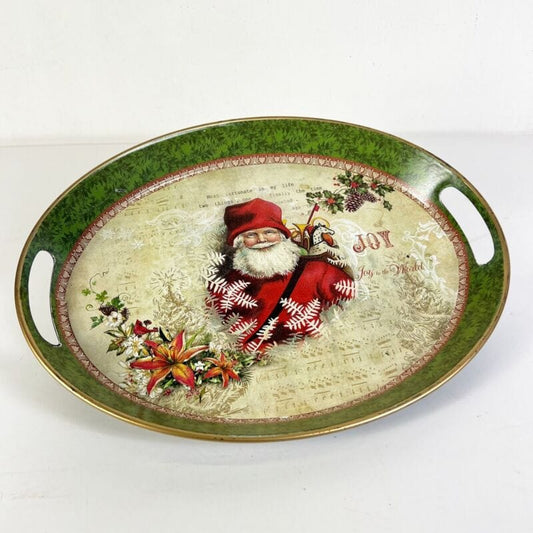 Vassoio ovale in latta vintage Natale Natalizio verde di metallo con manici Pubblicità vintage