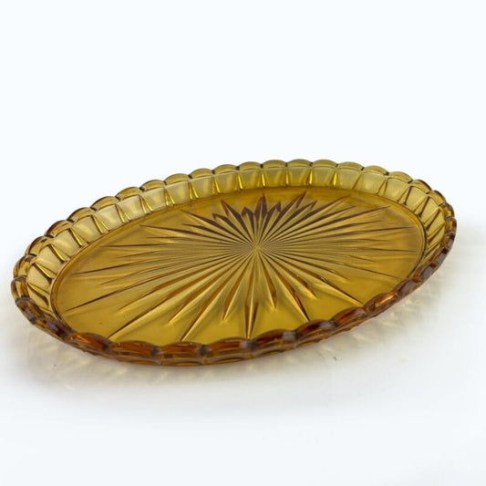 Vassoio Ovale Vintage in vetro molato inciso color ambra miele  stile Art Deco Vetri e Cristalli