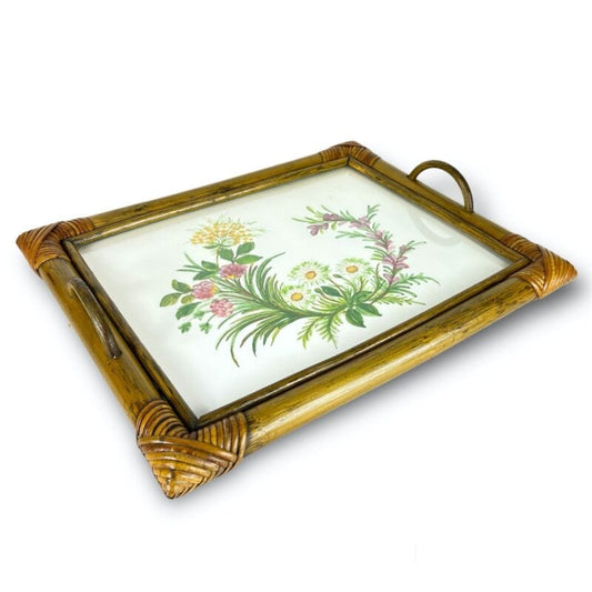 Vassoio Vintage in legno di Bambu anni 70 con dipinto a fiori guantiera Bamboo Complementi d'arredo