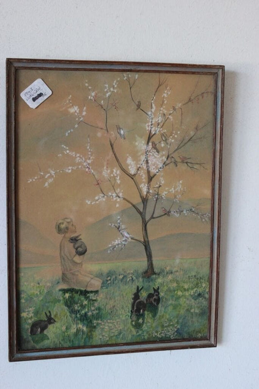VECCHIA STAMPA CON CONIGLI ANNO 1943 CORNICE SHABBY CHIC VINTAGE RABBITS  PRINT Stampe e Incisioni