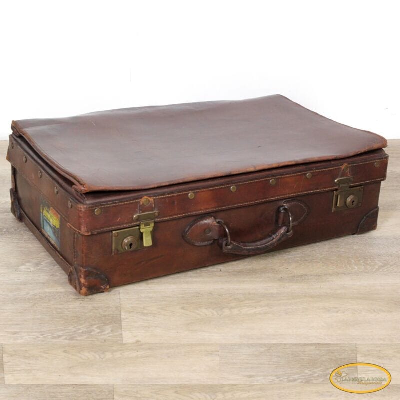 Vecchia Valigia in pelle cuoio marrone vintage stile antico bagaglio anni '50 60 Vintage