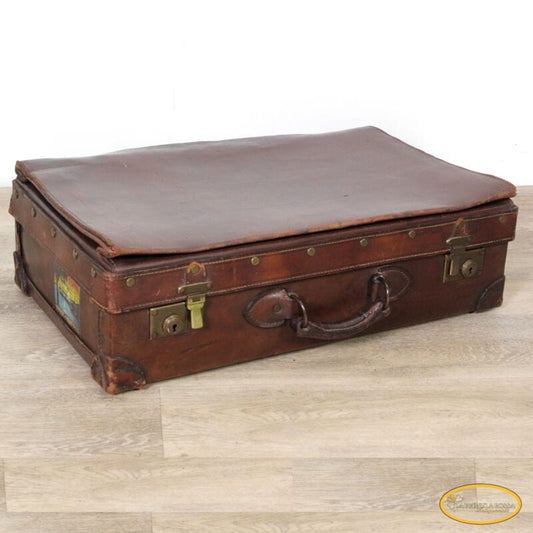 Vecchia Valigia in pelle cuoio marrone vintage stile antico bagaglio anni '50 60 Vintage