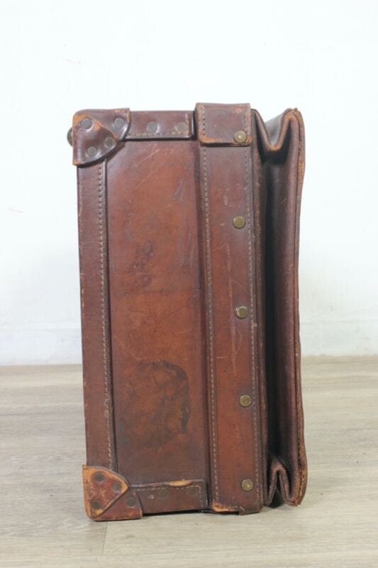 Vecchia Valigia in pelle cuoio marrone vintage stile antico bagaglio anni '50 60 Vintage