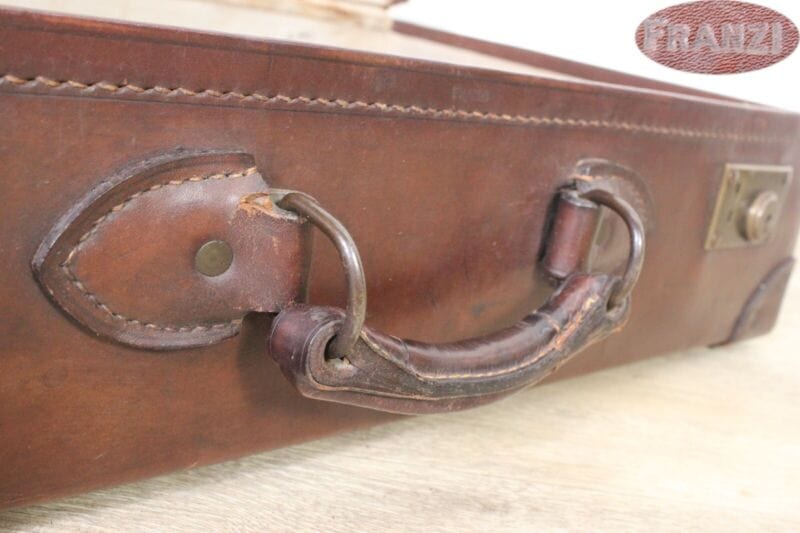 Vecchia Valigia in pelle cuoio marrone vintage stile antico bagaglio anni '50 60 Vintage