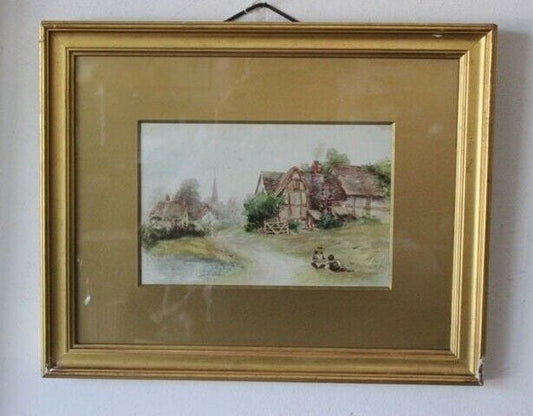 VECCHIO ACQUERELLO INGLESE PAESAGGIO CON  CORNICE DORATA - VINTAGE WATERCOLOR Stampe e Incisioni