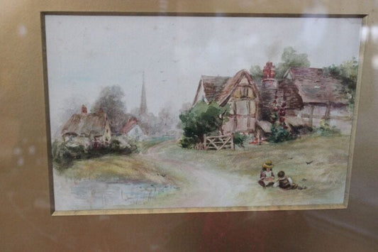VECCHIO ACQUERELLO INGLESE PAESAGGIO CON  CORNICE DORATA - VINTAGE WATERCOLOR Stampe e Incisioni