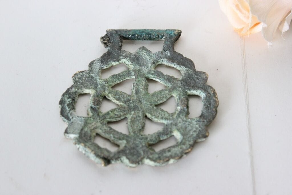 VECCHIO FINIMENTO IN OTTONE PER CAVALLO CON FIORE  / VINTAGE HORSE BRASS Ottone