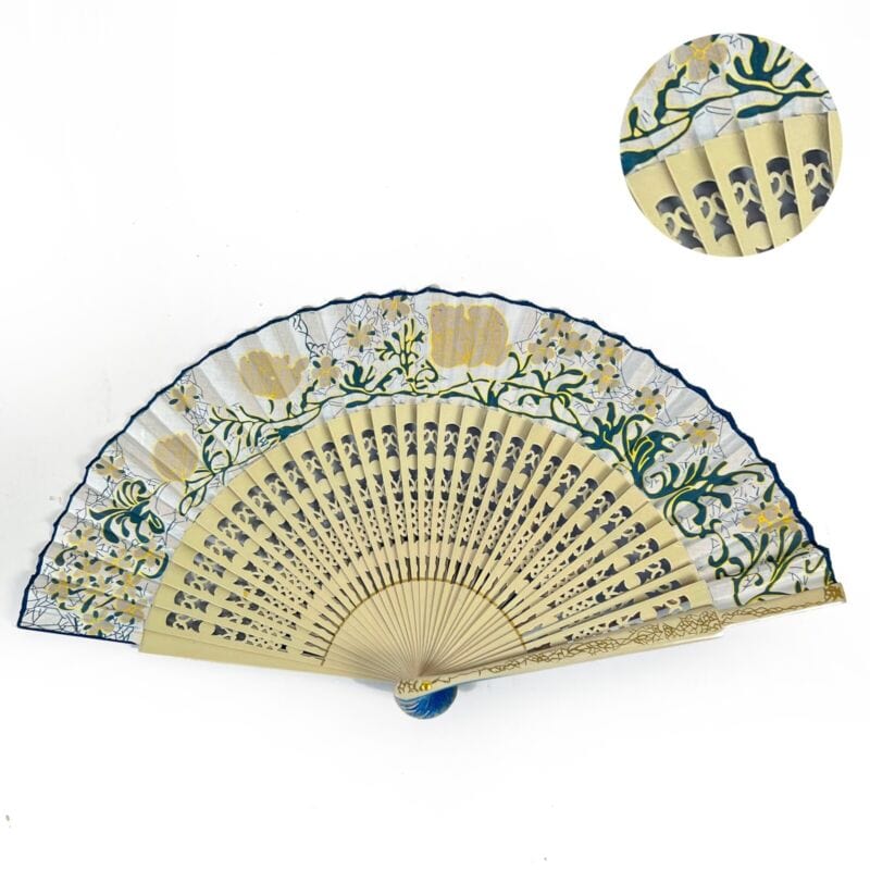 Ventaglio vintage spagnolo beige per signora in legno traforato dipinto a fiori Ventagli