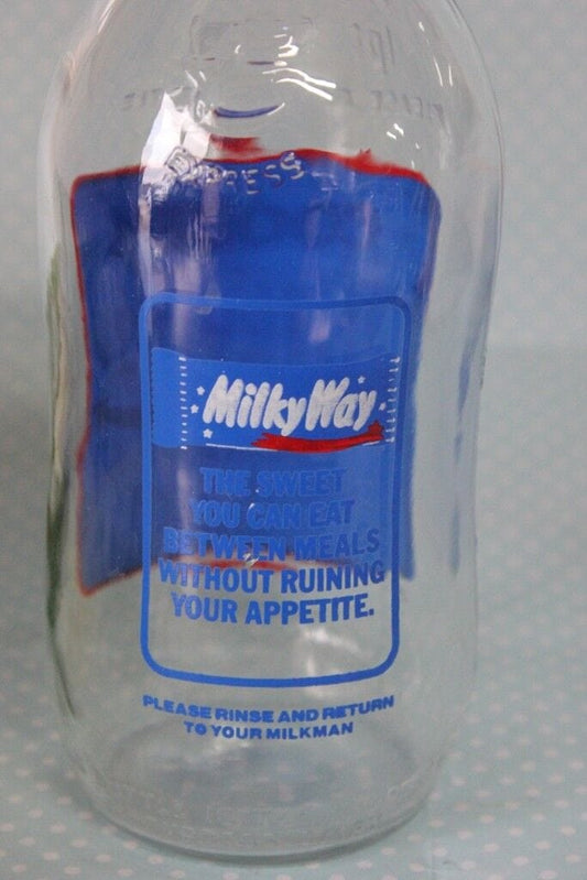 VINTAGE ADVERTISING GLASS PINT MILK BOTTLE Milky Way - BOTTIGLIA IN VETRO 1980 Pubblicità vintage