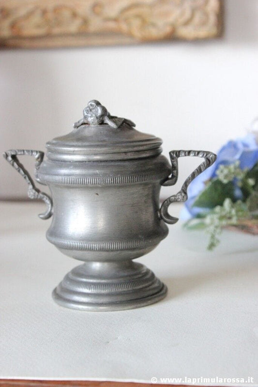 ZUCCHERIERA D'EPOCA IN PELTRO 95% ITALART - ITALIAN VINTAGE PEWTER SUGAR BOWL Sheffield & Argento